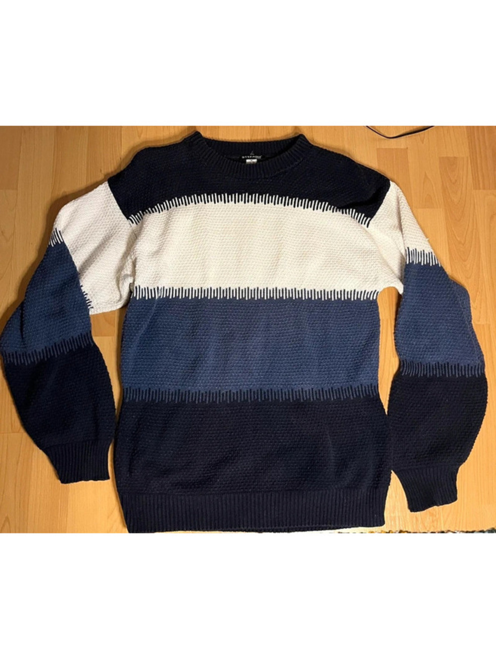 Vintage 80/90s M textured wide stripe blue navy black cotton USA crew sweater